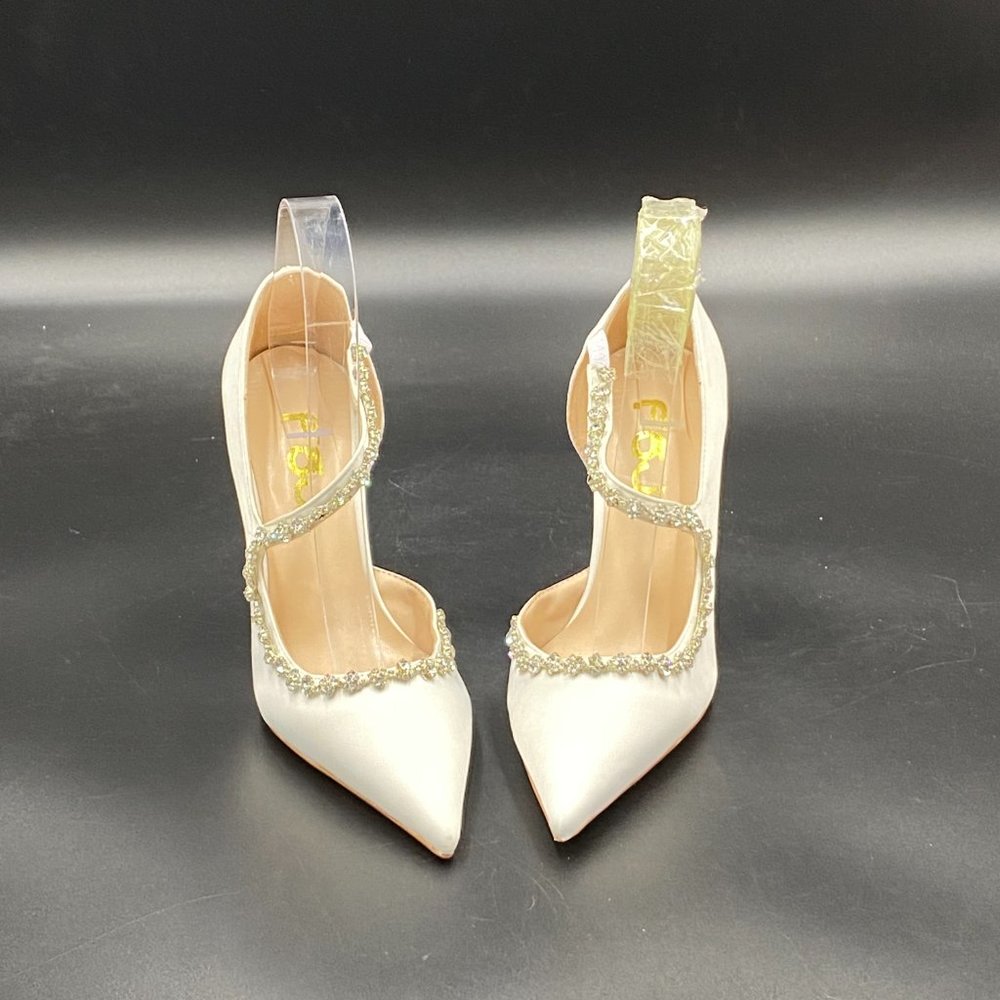 FSJ White Rhinestone Cross Strap Dress High Heel Pointed Toe Sandals - Picture 3 of 10